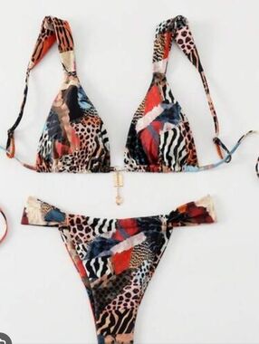 Zaful Multicolor Animal-Print Triangle Bikini — Red, Blue, Black, Cream